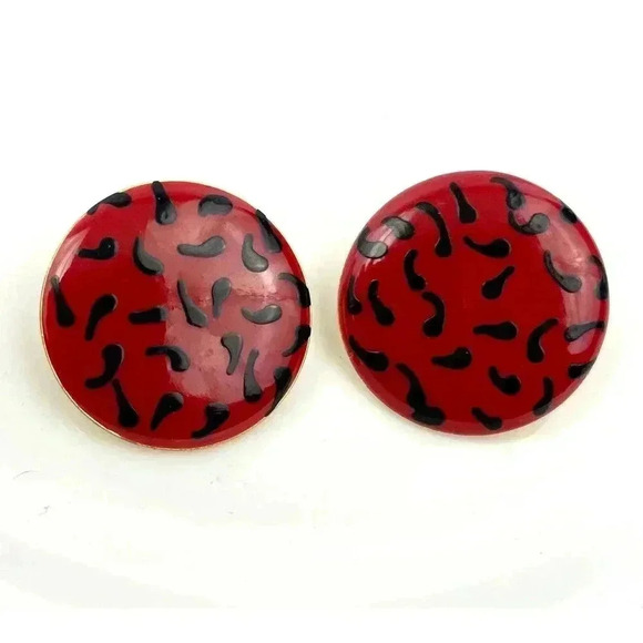 VTG Red Enamel Splatter Round Earrings Unique Gold Tone - Picture 1 of 6